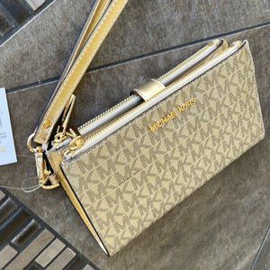 Michael Kors Jet Set Travel Large Double Zip Wristlet Wallet Pale Gold